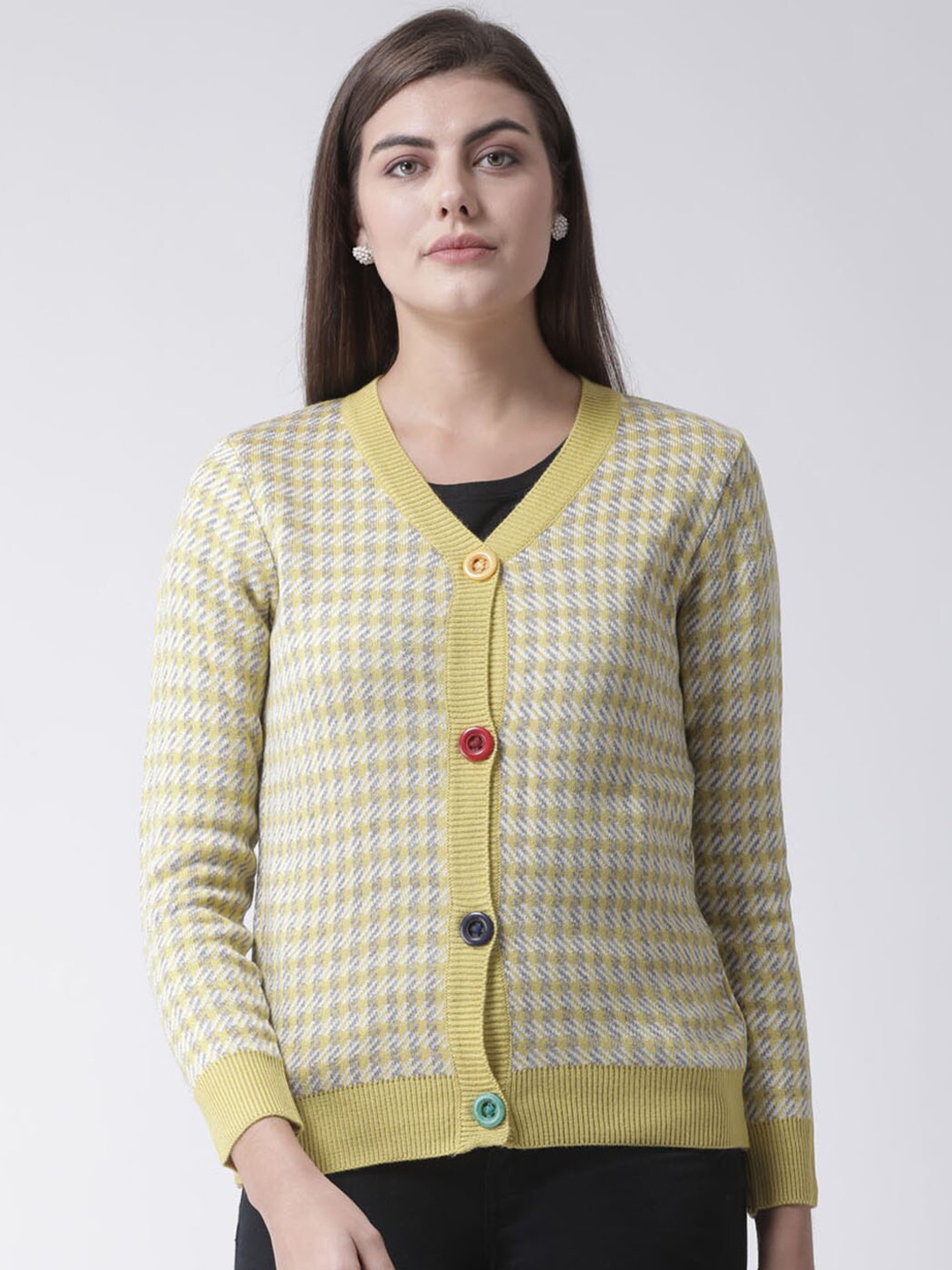 

Club York Women Yellow & White Checked Acrylic Cardigan