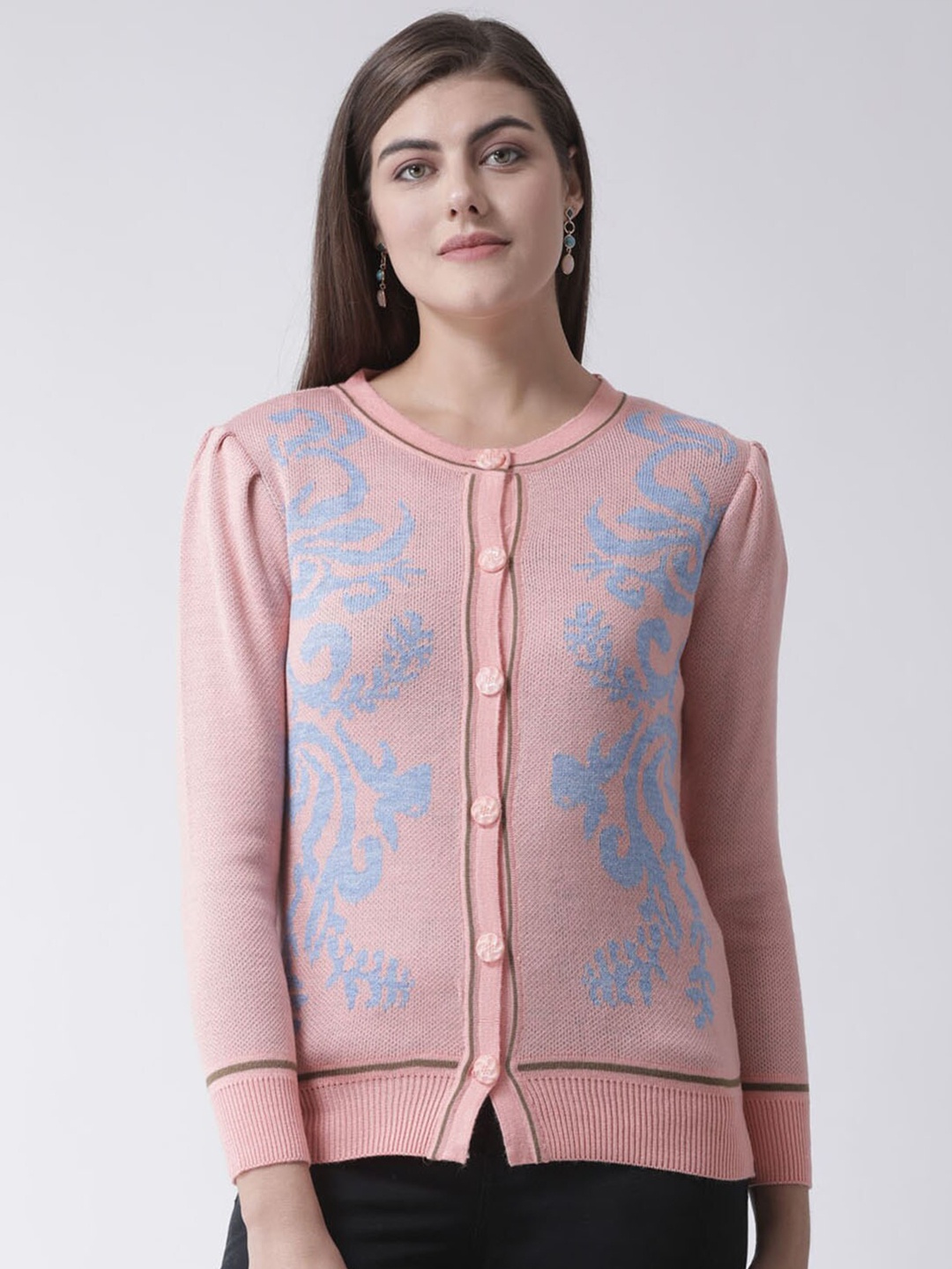 

Club York Women Peach-Coloured & Turquoise Blue Floral Printed Acrylic Cardigan