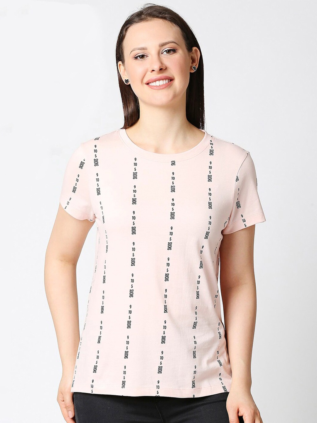 

Bewakoof Women Pink & Black Typography Printed Pure Cotton T-shirt