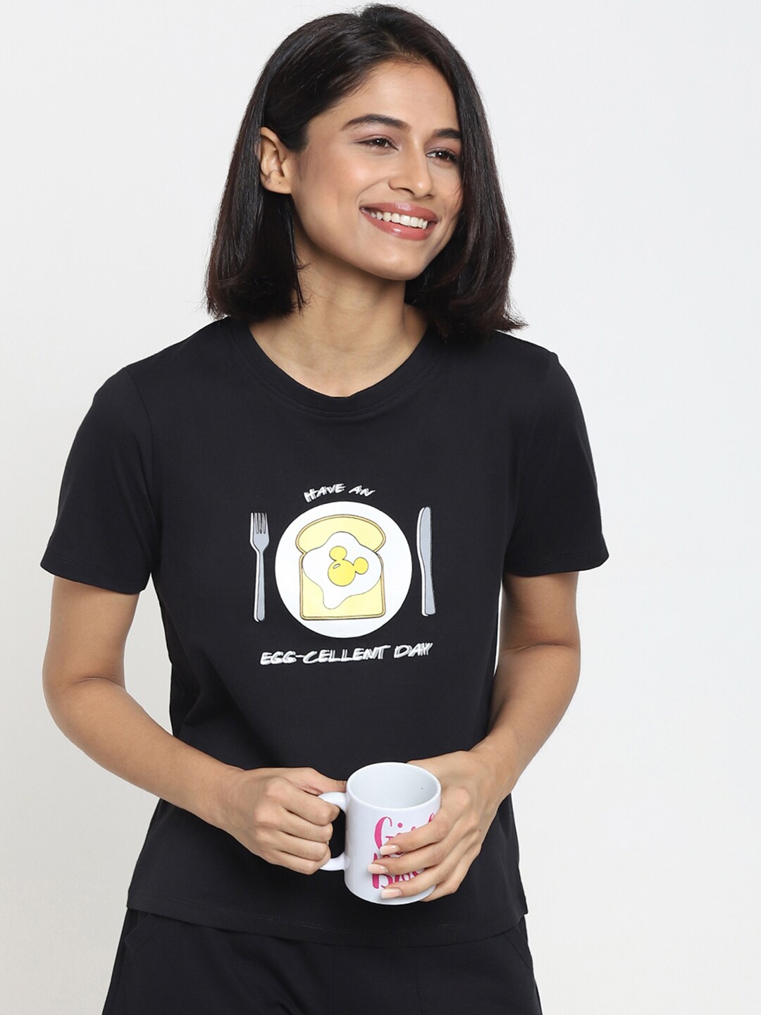 

Bewakoof Women Black Typography Printed V-Neck Applique T-shirt