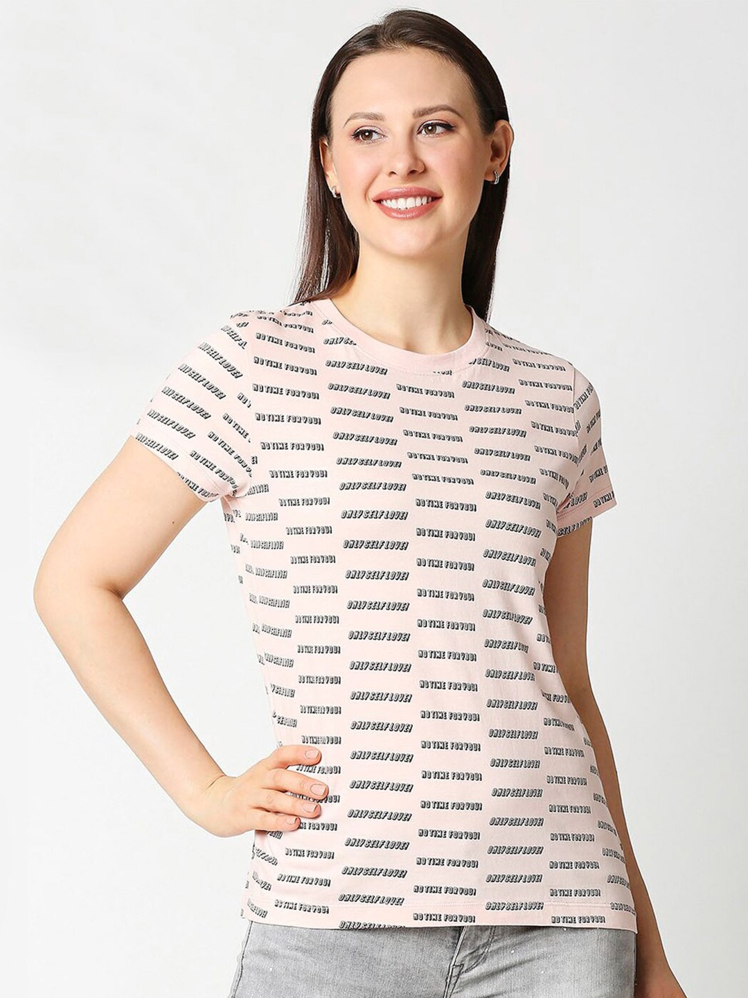 

Bewakoof Women Pink Striped V-Neck Pockets T-shirt