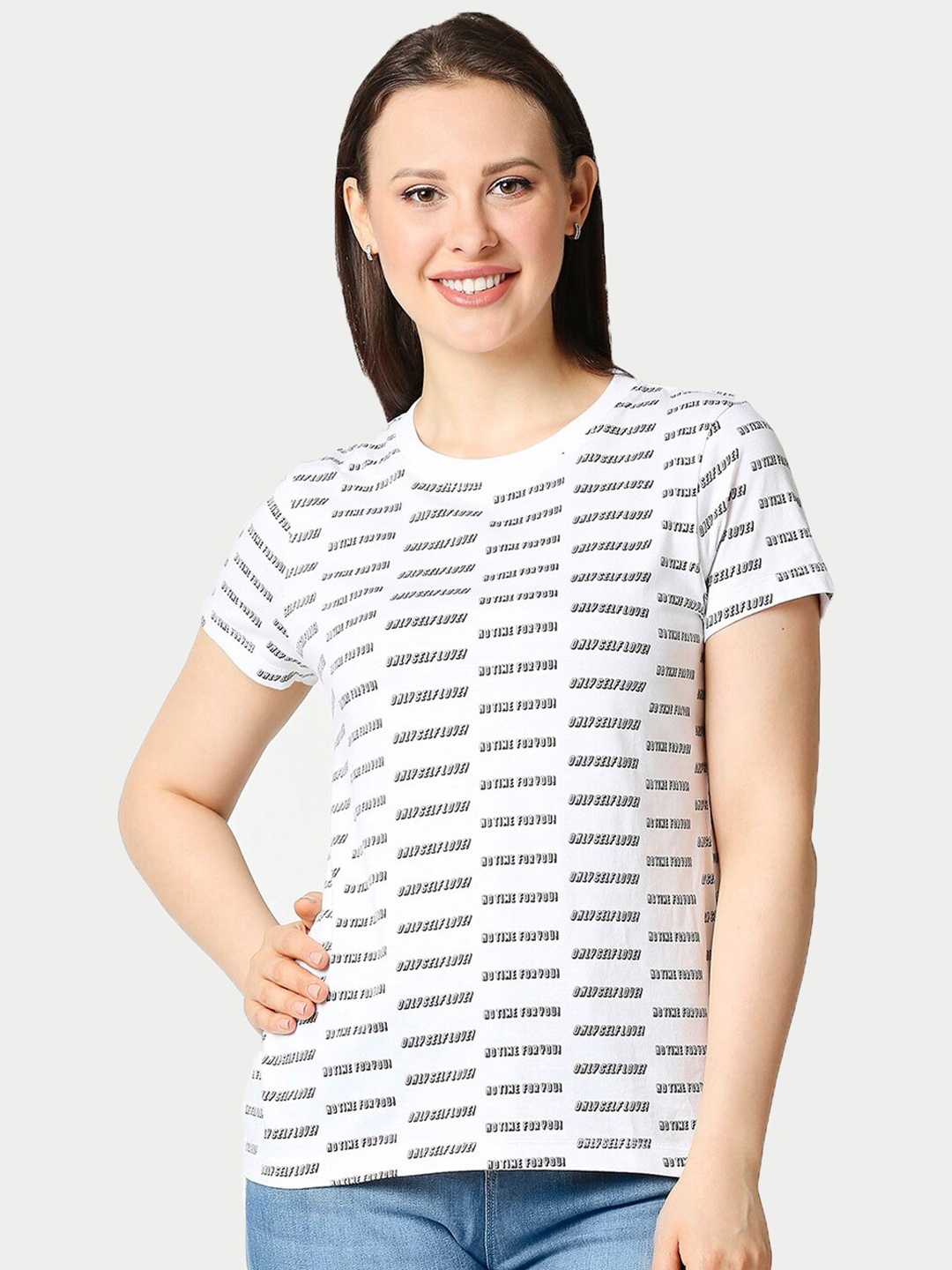 

Bewakoof Women White & Black Typography Printed Pure Cotton T-shirt