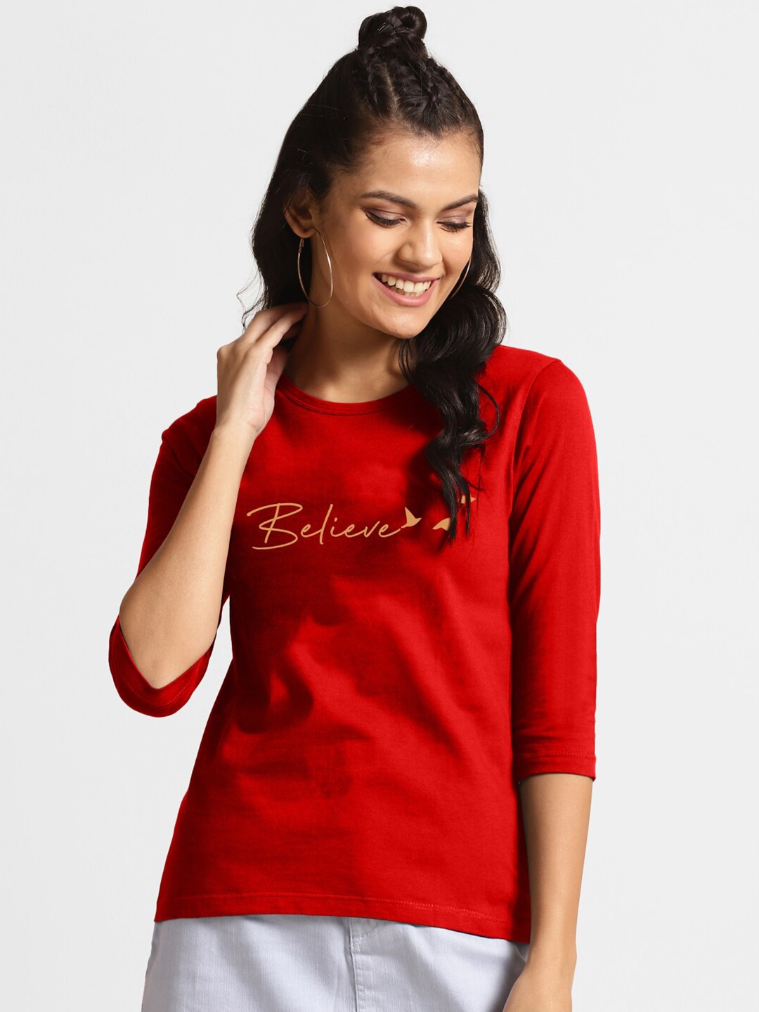 

Bewakoof Women Red Typography Printed High Neck T-shirt