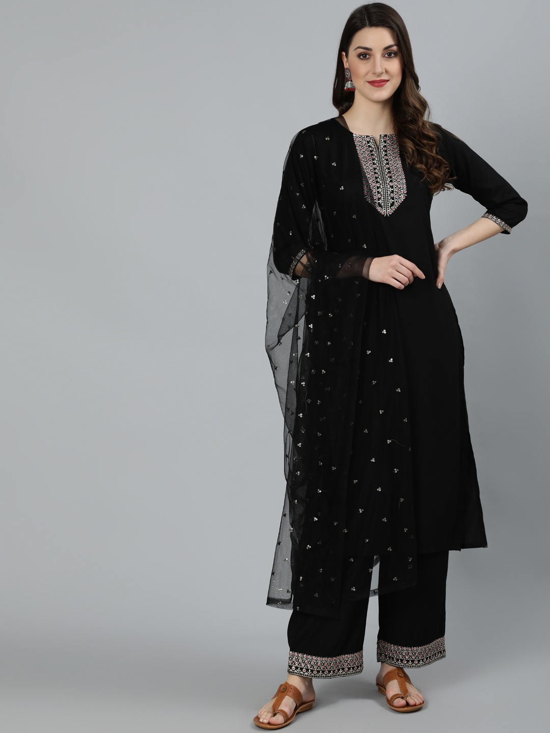 

Nayo Women Black Embroidered Straight Kurta With Palazzo & Dupatta