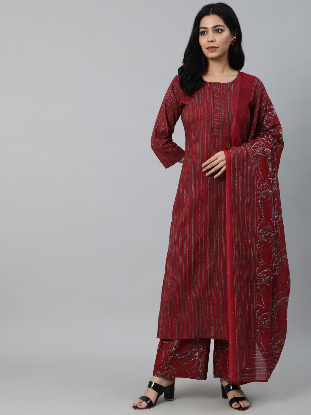 

Nayo Women Maroon Striped Pure Cotton Kurta with Palazzos & Dupatta