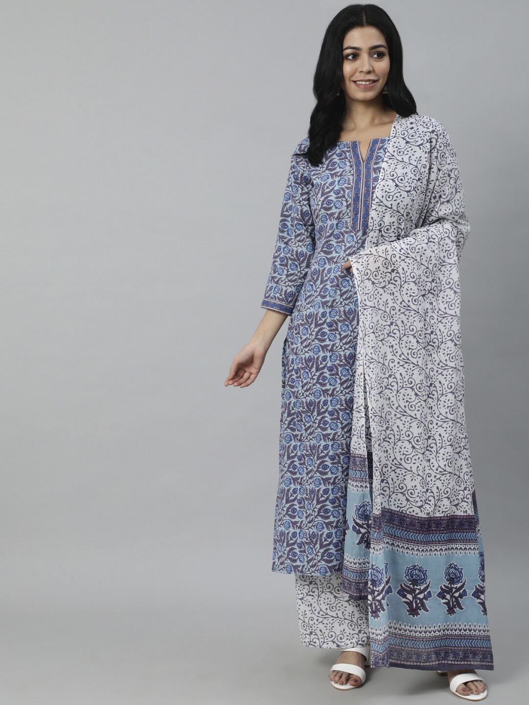 

Nayo Women Blue Ethnic Motifs Printed Pure Cotton Kurta with Palazzos & With Dupatta