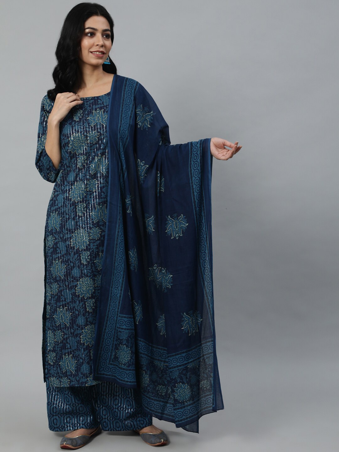 

Nayo Women Blue & Yellow Floral Printed Pure Cotton Kurta With Palazzos & Dupatta