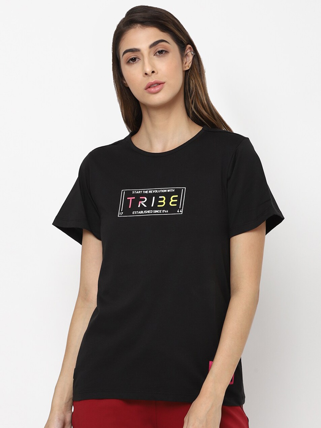 

Allen Solly Tribe Women Black Typography Printed Pure Cotton T-shirt