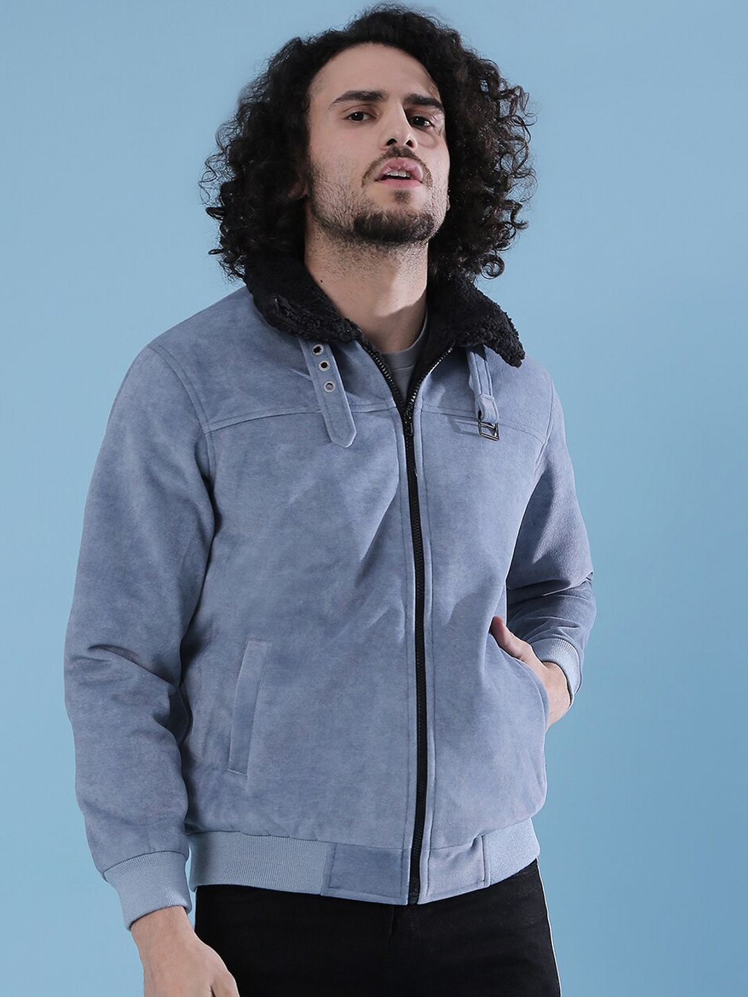 

Campus Sutra Men Grey Floral Suede Lightweight Outdoor Bomber Jacket