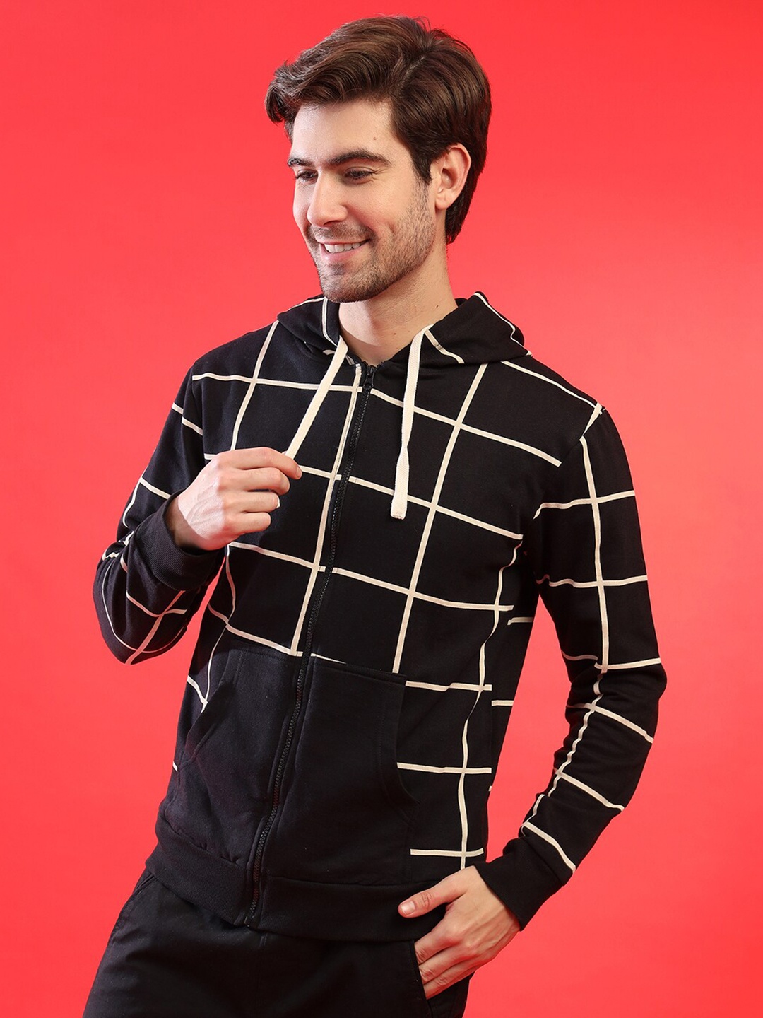 

Campus Sutra Men Black Checked Hooded Sweatshirt