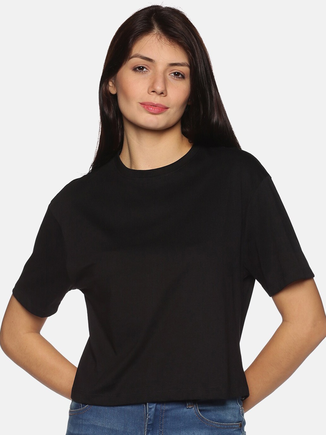 

BEVERLY BLUES Women Black Drop-Shoulder Sleeves Pockets Boxy T-shirt