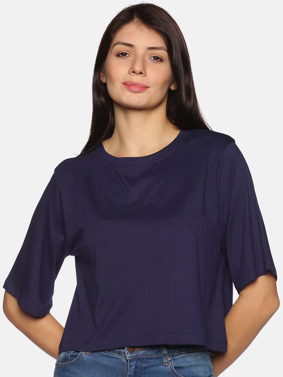 

BEVERLY BLUES Women Navy Blue Drop-Shoulder Sleeves Boxy T-shirt
