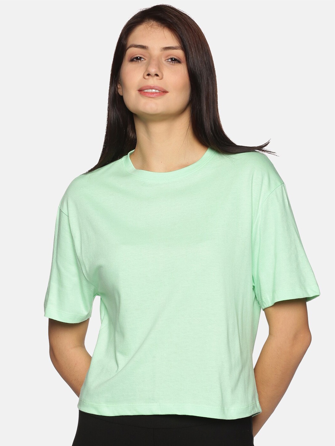 

BEVERLY BLUES Women Fluorescent Green Drop-Shoulder Sleeves Pockets Boxy T-shirt