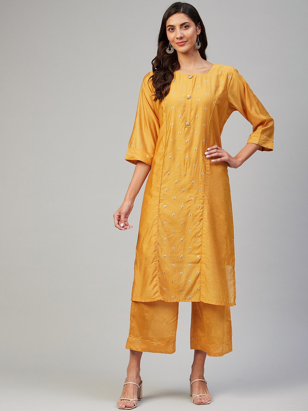 

VAABASTA Women Mustard Yellow Embroidered Chanderi Silk Kurta with Palazzos