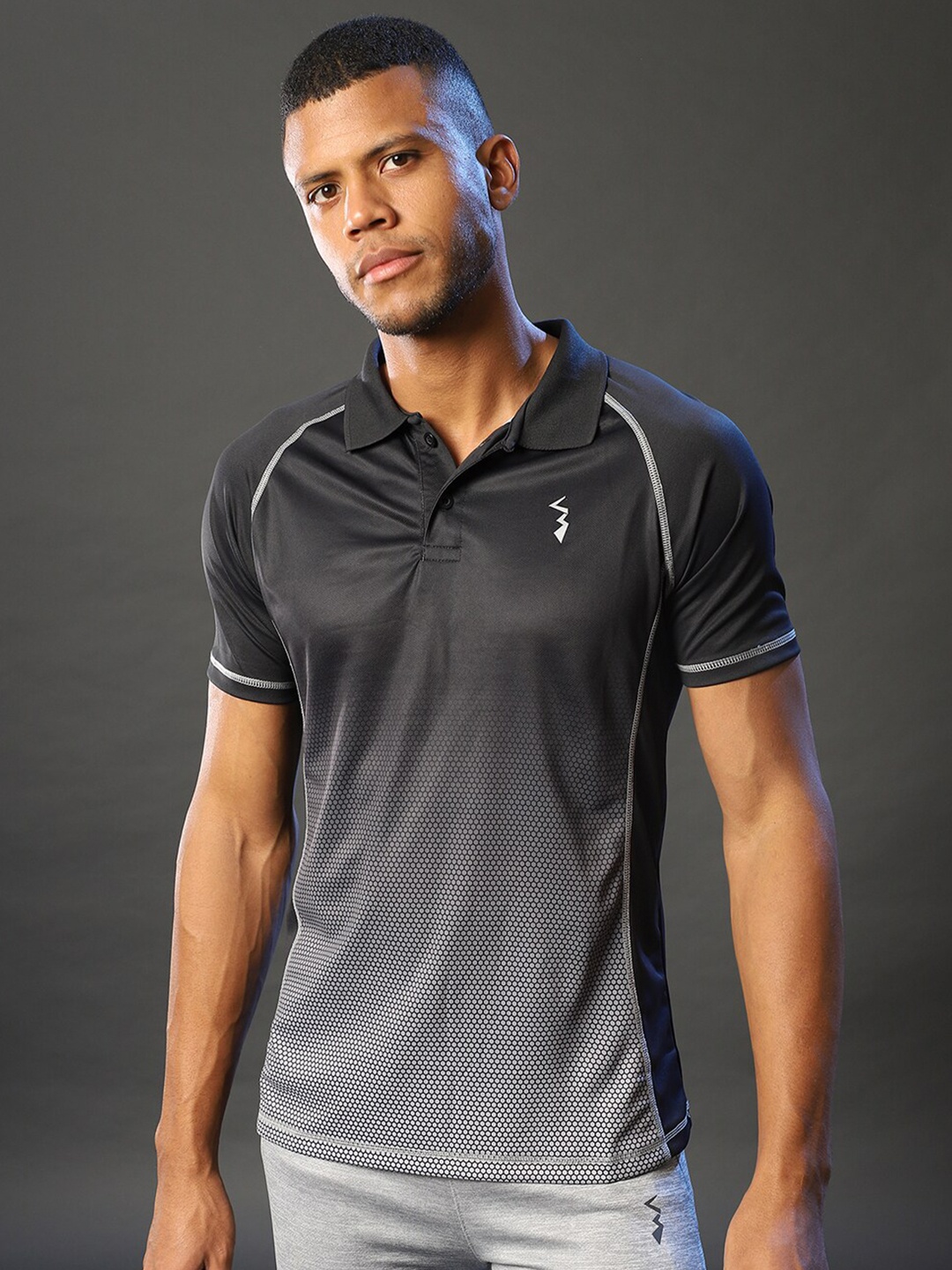 

Campus Sutra Men Black & Grey Tie and Dye Dyed Polo Collar Running T-shirt