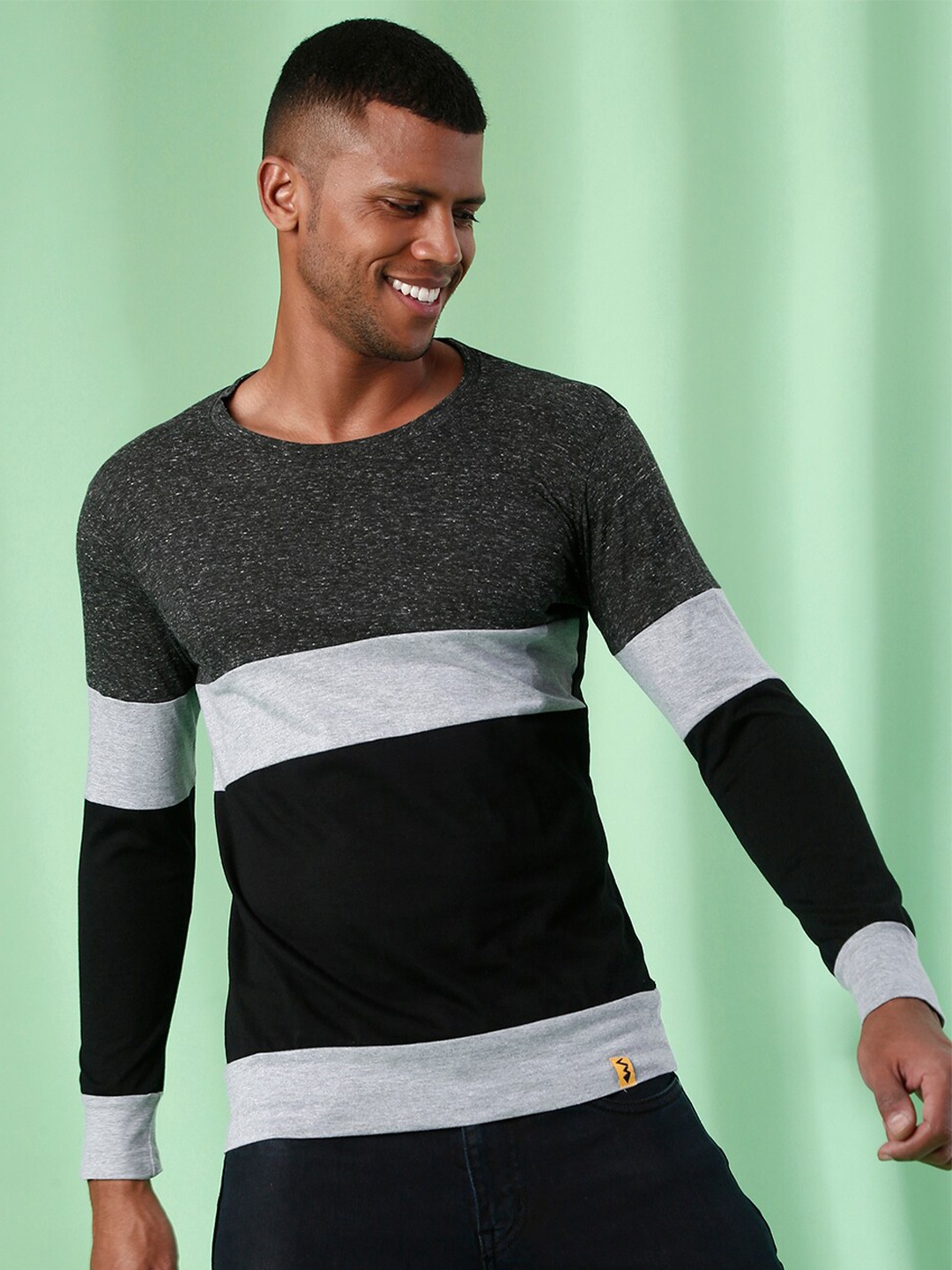 

Campus Sutra Men Charcoal Striped Outdoor T-shirt