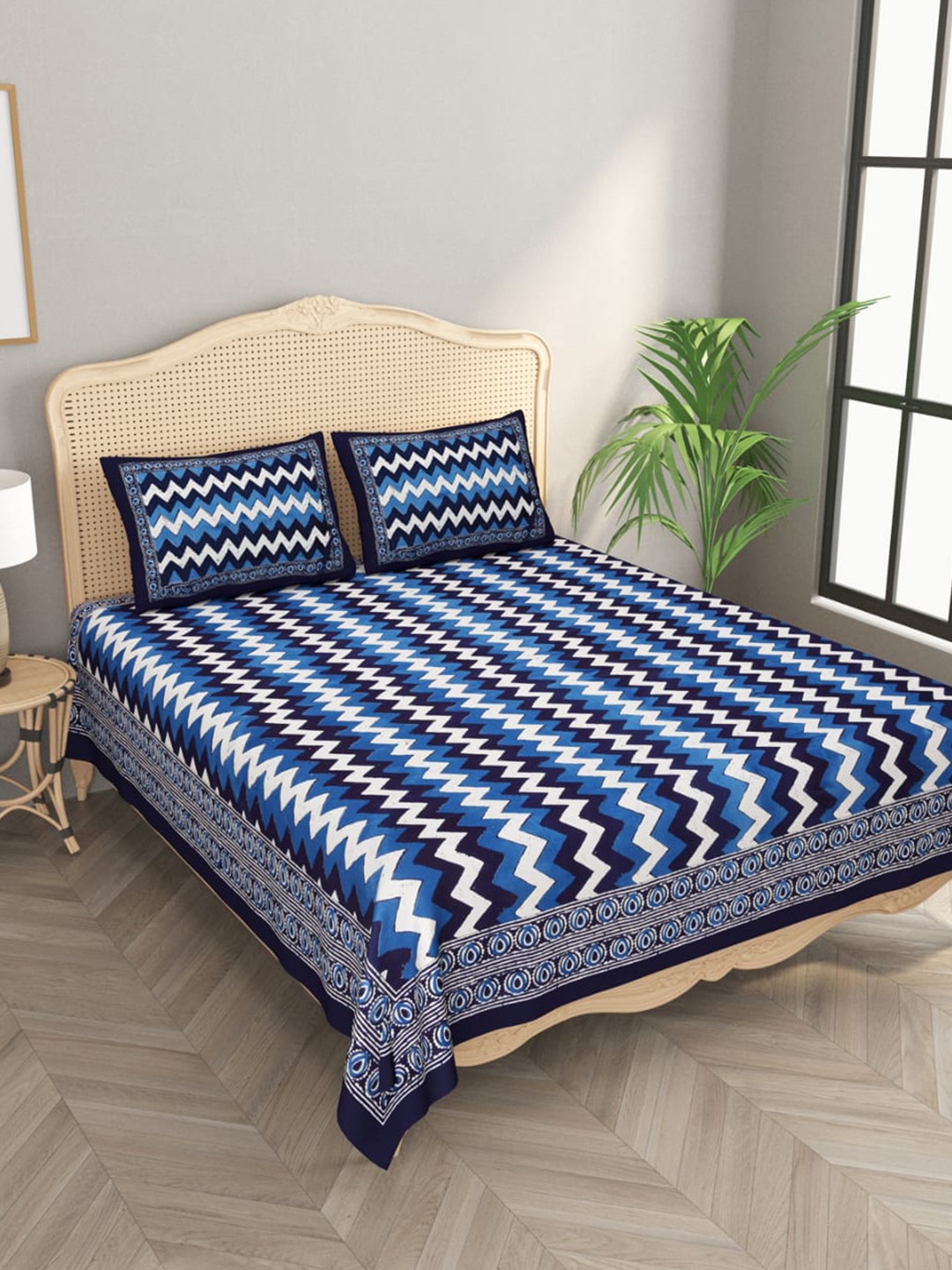

Gulaab Jaipur Blue & White Geometric 400 TC King Bedsheet with 2 Pillow Covers