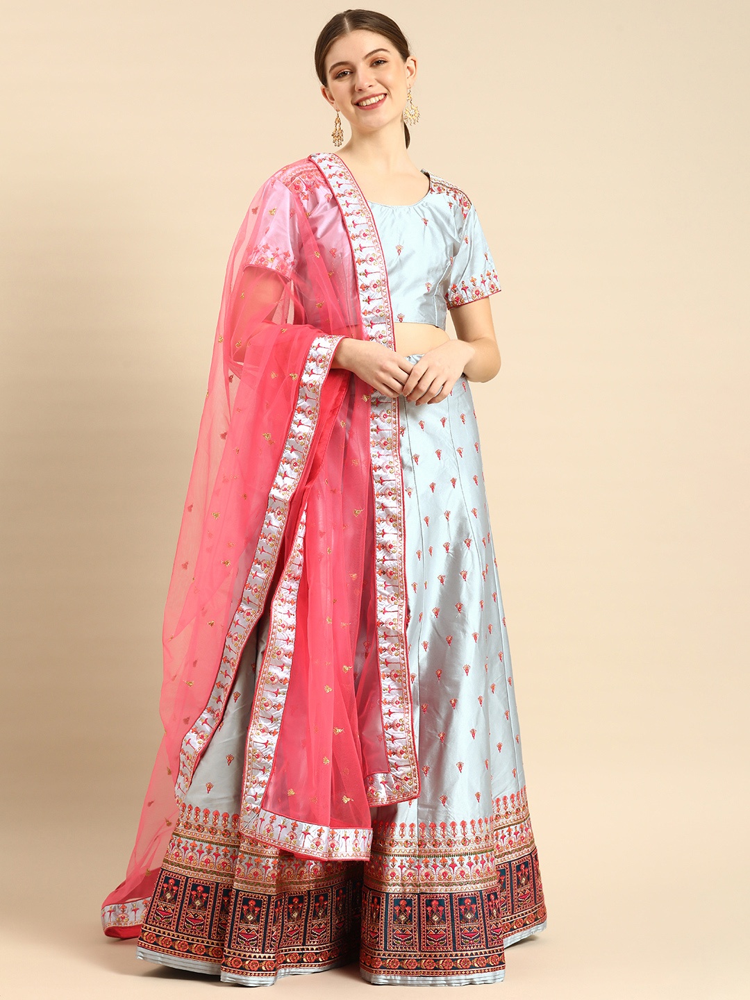 

Shaily Grey Embroidered Semi-Stitched Lehenga & Unstitched Blouse With Dupatta