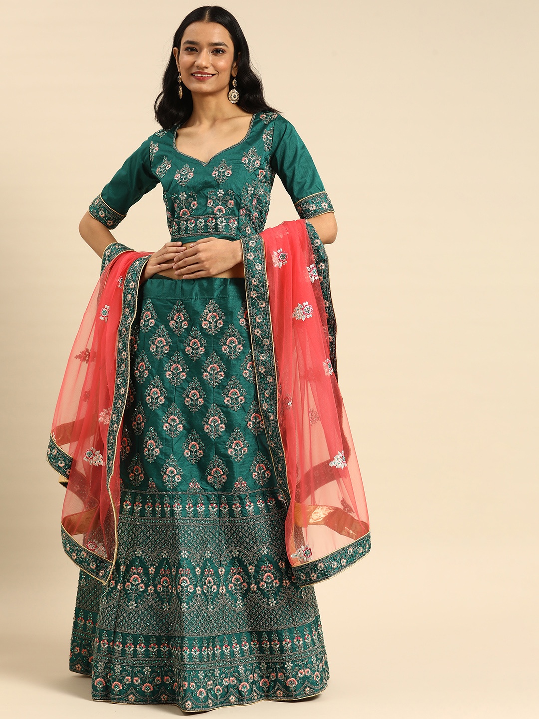 

Shaily Green & Red Embroidered Sequinned Semi-Stitched Lehenga & Unstitched Blouse With Dupatta