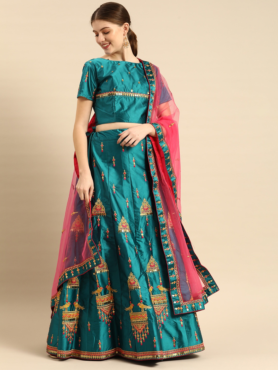 

Shaily Blue & Pink Embroidered Thread Work Semi-Stitched Lehenga & Unstitched Blouse With Dupatta