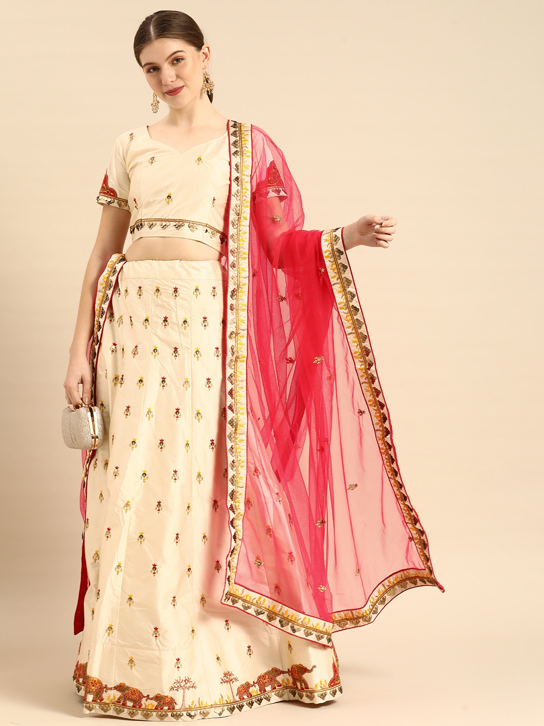 

Shaily Cream-Coloured & Pink Embroidered Thread Work Semi-Stitched Lehenga & Unstitched Blouse With Dupatta