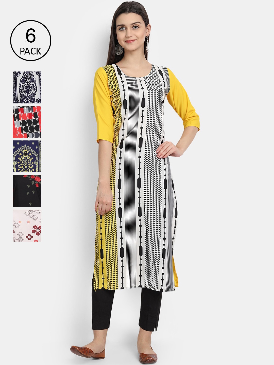 

7Threads Women Yellow & Black Geometric Printed Crepe Kurta