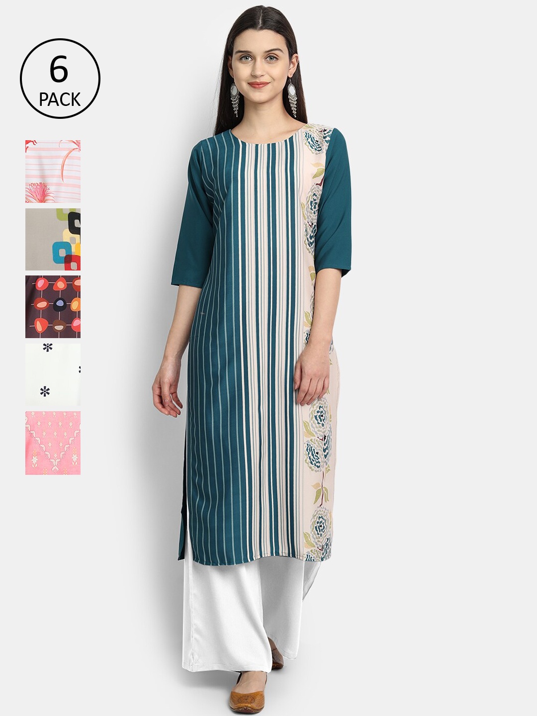 

7Threads Women Pack Of 6 Multicoloured Printed Crepe Kurta, Multi
