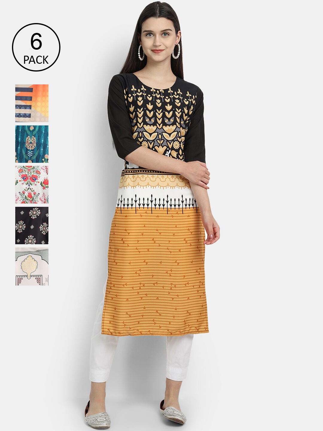 

7Threads Women Pack of 6 Ethnic Motifs Printed Crepe Kurta, Orange