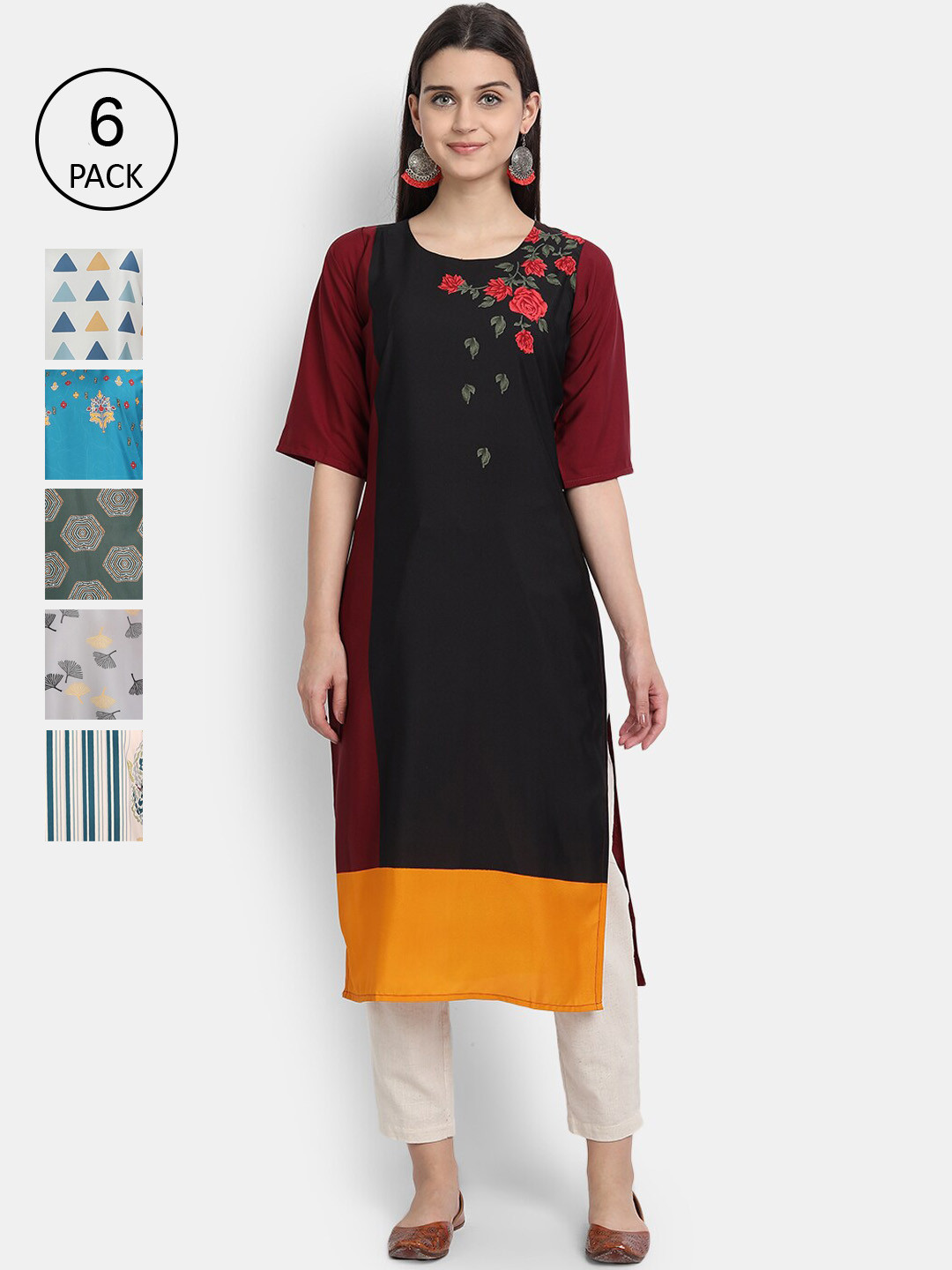 

7Threads Women Pack Of 6 Multicoloured Printed Crepe Kurta, Multi