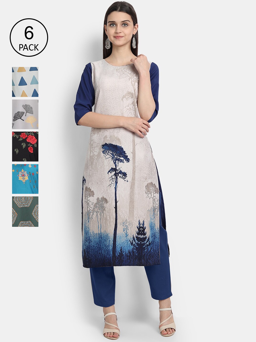 

7Threads Women Pack of 6 Ethnic Motifs Printed Crepe Kurta, Grey