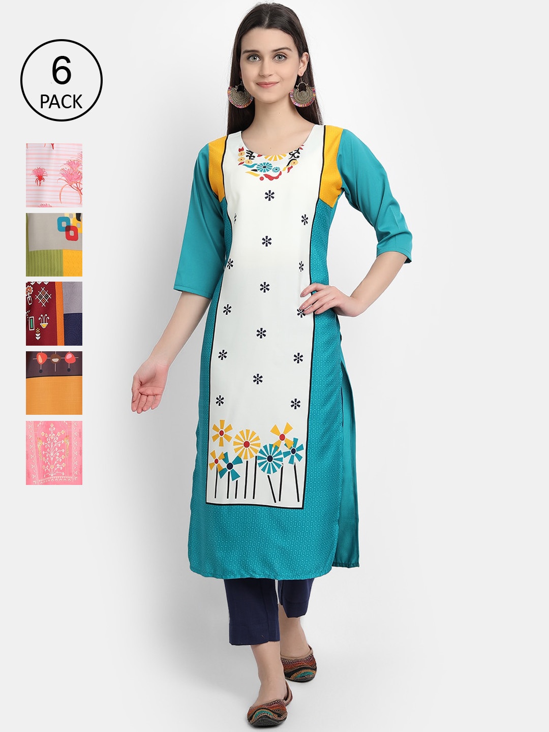 

7Threads Women Pack of 6 Floral Printed Crepe Kurta, Multi