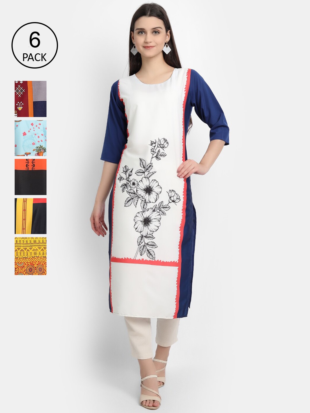 

7Threads Women Pack of 6 Multicoloured Printed Crepe Straight Kurta, Multi