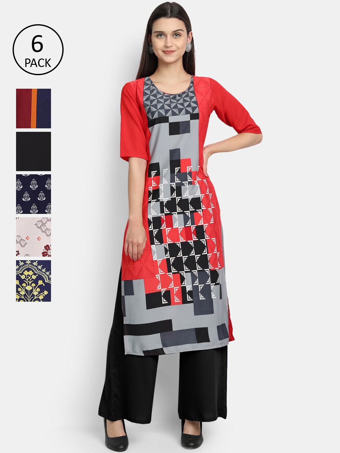 

7Threads Women Pack of 6 Geometric Printed Crepe Kurta, Multi