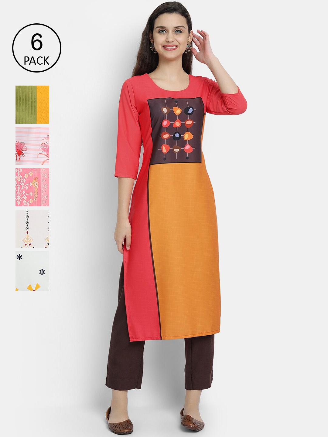 

7Threads Women Multicoloured Pack Of 6 Digital Printed Crepe Straight Kurta, Multi