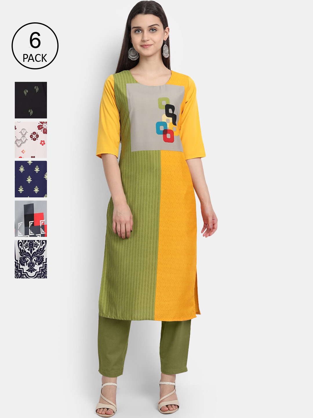 

7Threads Pack of 6 Women Printed Crepe Kurta, Multi