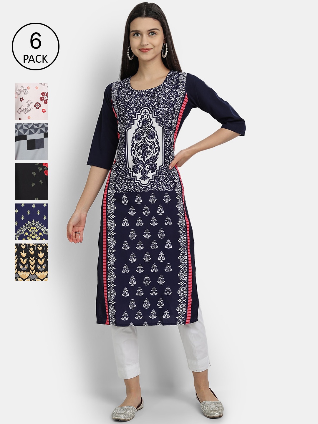 

7Threads Women Blue & White Geometric Printed Crepe Kurta