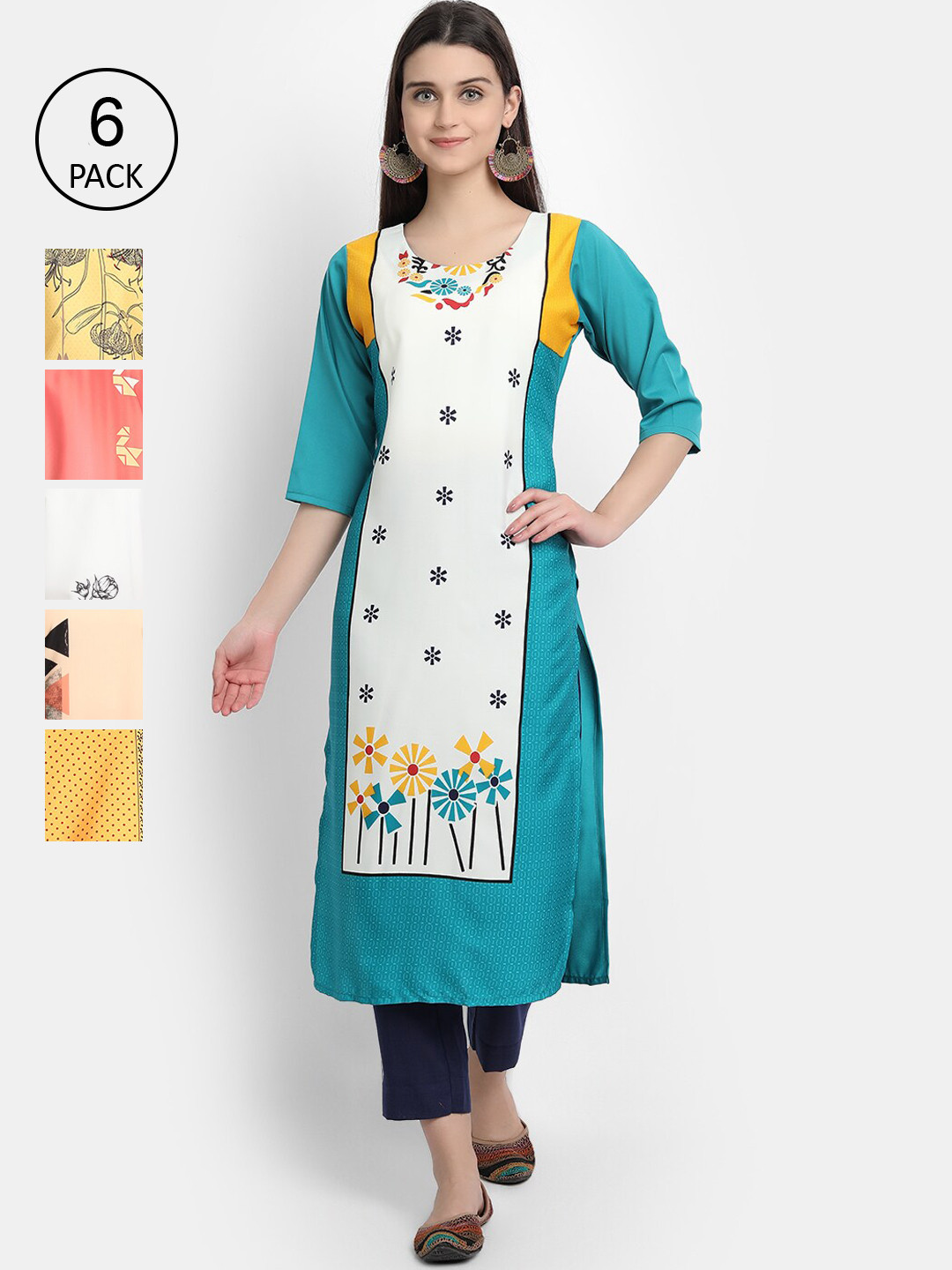 

7Threads Women Teal & White Floral Colourblocked Crepe Kurta