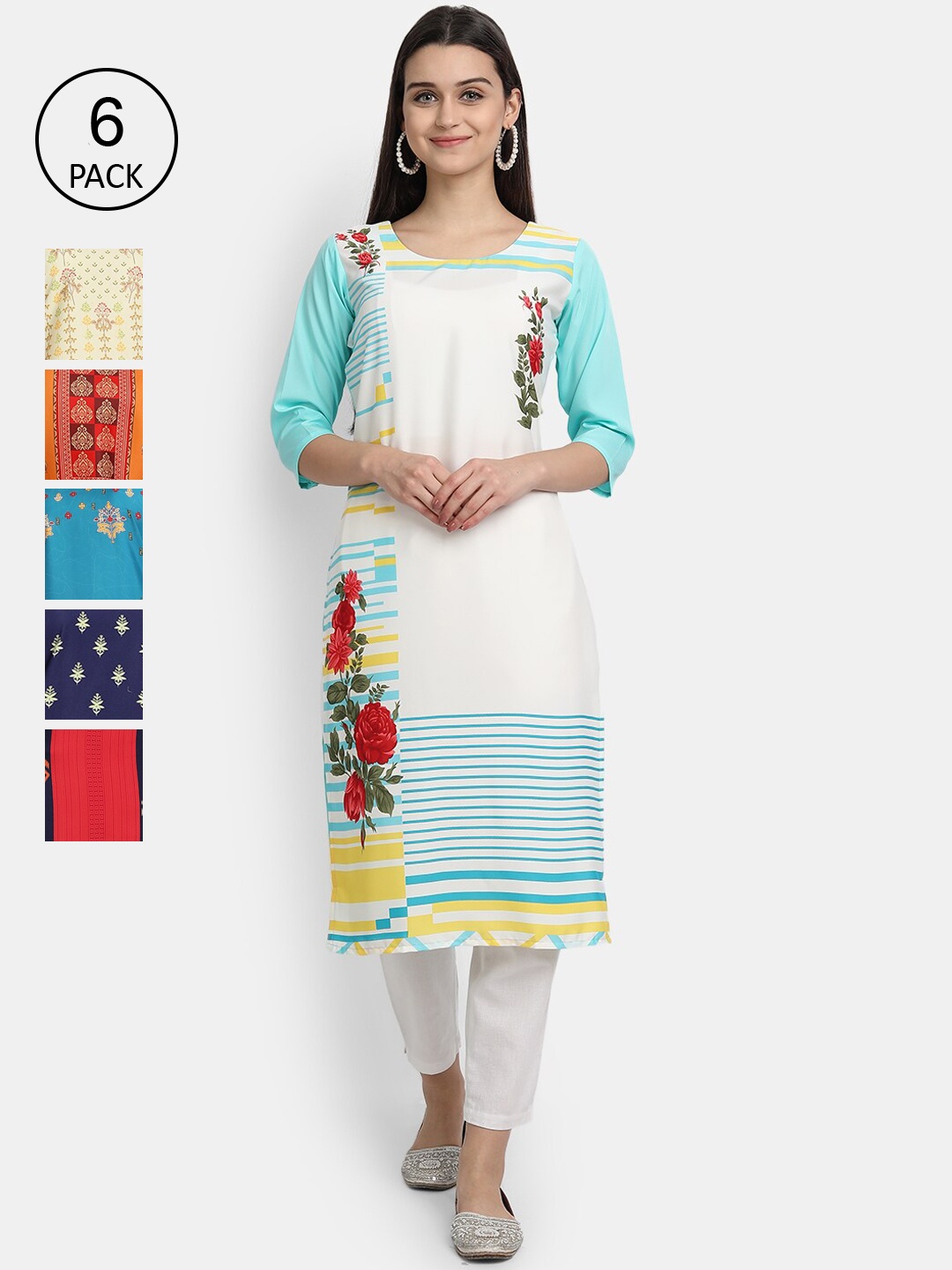 

7Threads Women Pack Of 6 Kurtas, White
