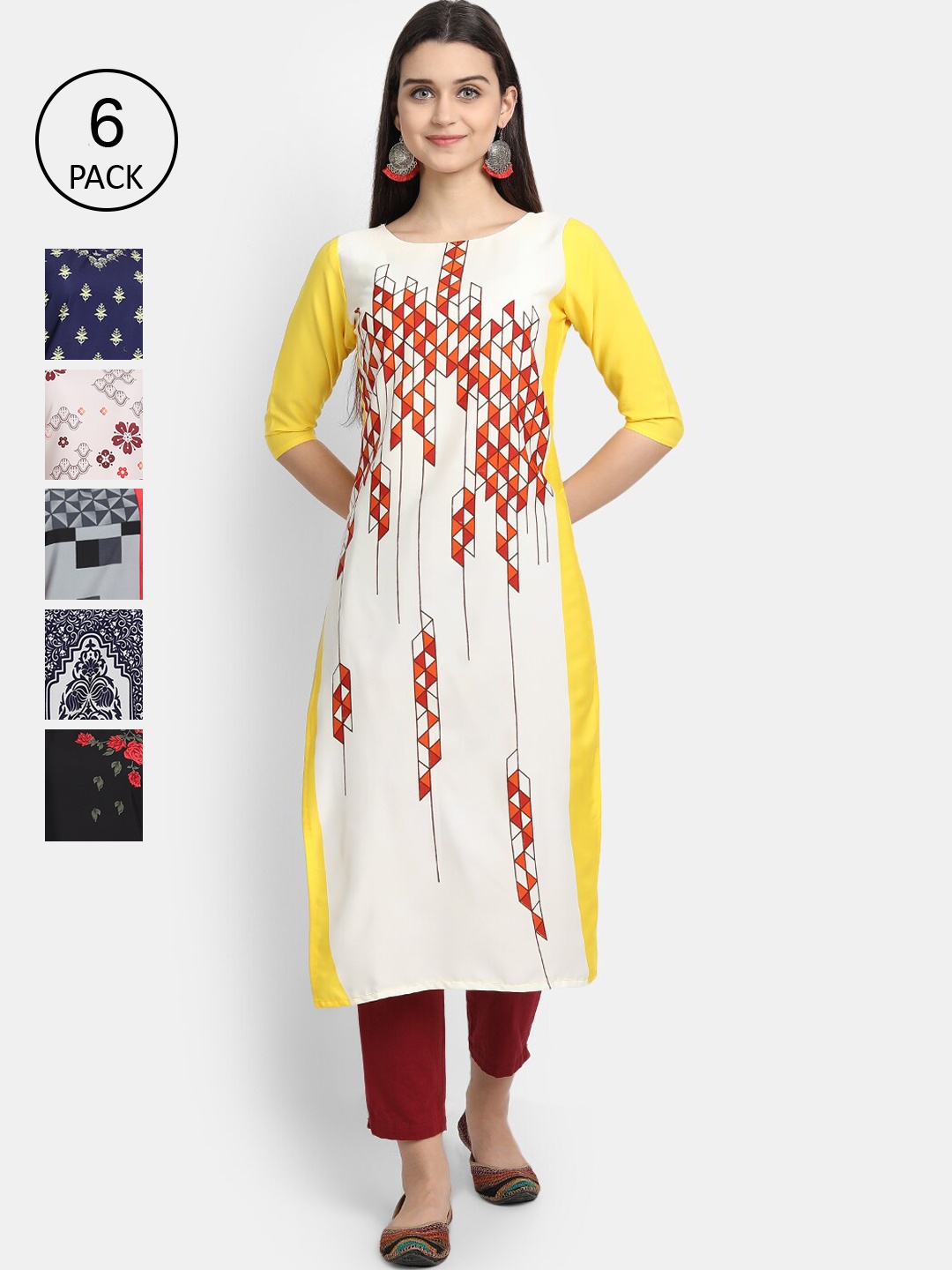 

7Threads Women Multicoloured Pack Of 6 Digital Printed Crepe Straight Kurta, Multi