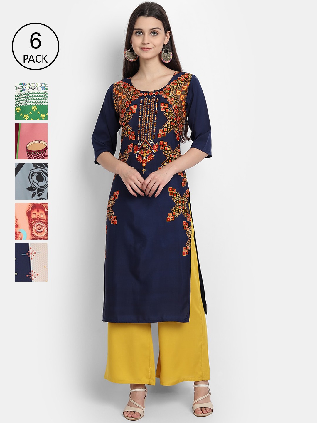 

7Threads Women Pack of 6 Multicoloured Printed Crepe Straight Kurta, Multi