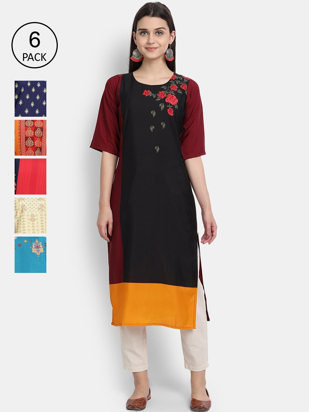 

7Threads Women Pack Of 6 Multicoloured Ethnic Motifs Printed Crepe Kurta, Multi