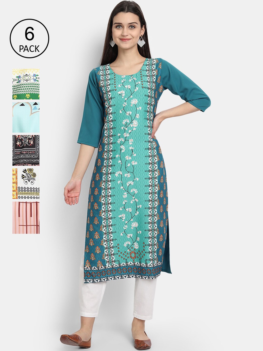 

7Threads Women Pack of 6 Multicoloured Printed Crepe Straight Kurta, Multi