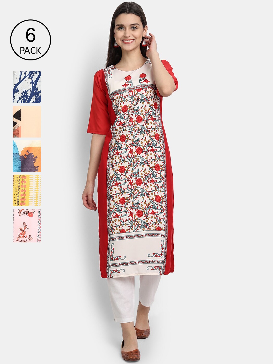 

7Threads Pack of 6 Women Printed Crepe Kurta, Multi
