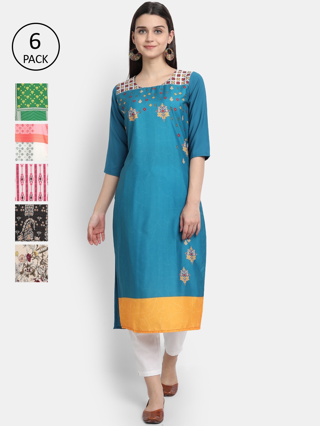 7Threads Women Pack of 6 Ethnic Motifs Printed Crepe Kurta, Blue