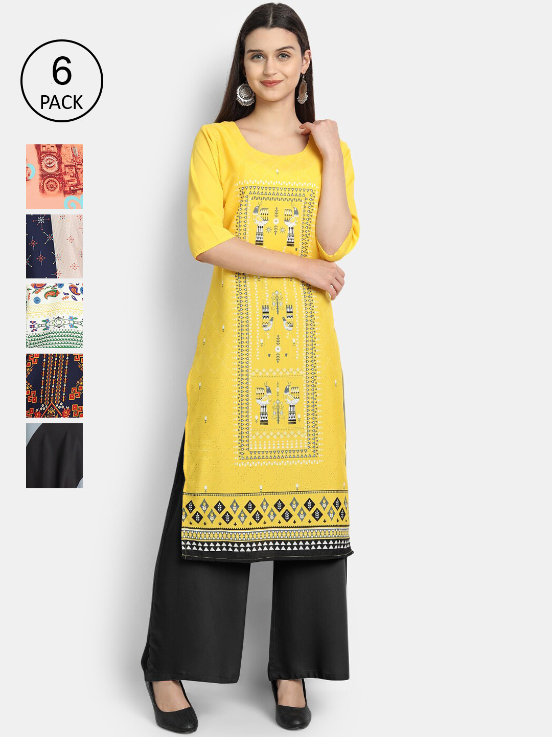 

7Threads Women Yellow & Black Ethnic Motifs Printed Crepe Kurta