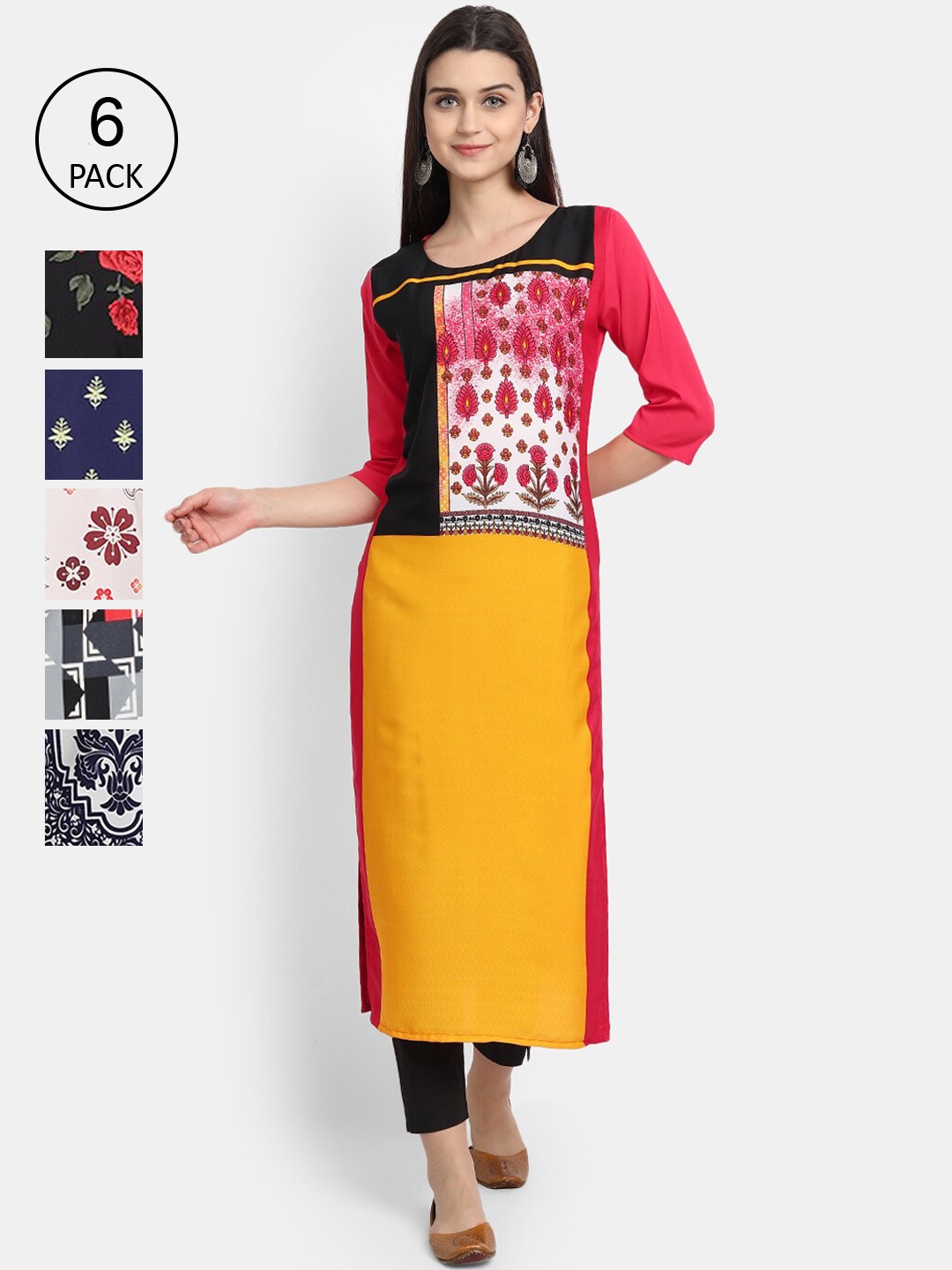 

7Threads Women Pink & Black Colourblocked Crepe Kurta