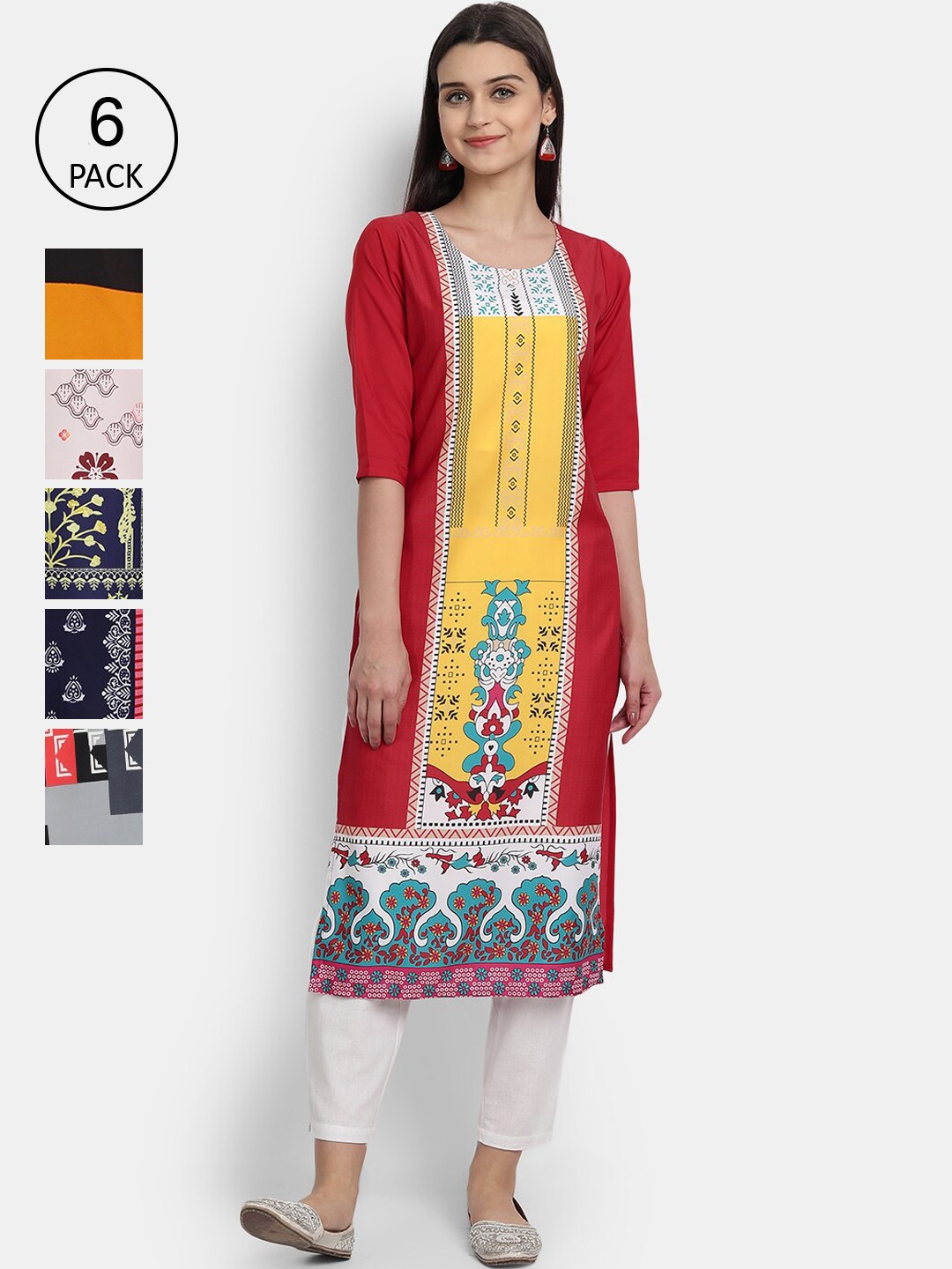 

7Threads Pack of 6 Women Printed Crepe Kurta, Multi