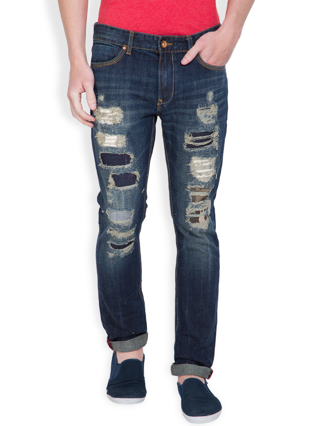 

LOCOMOTIVE Blue Straight Fit Stretchable Distressed Jeans