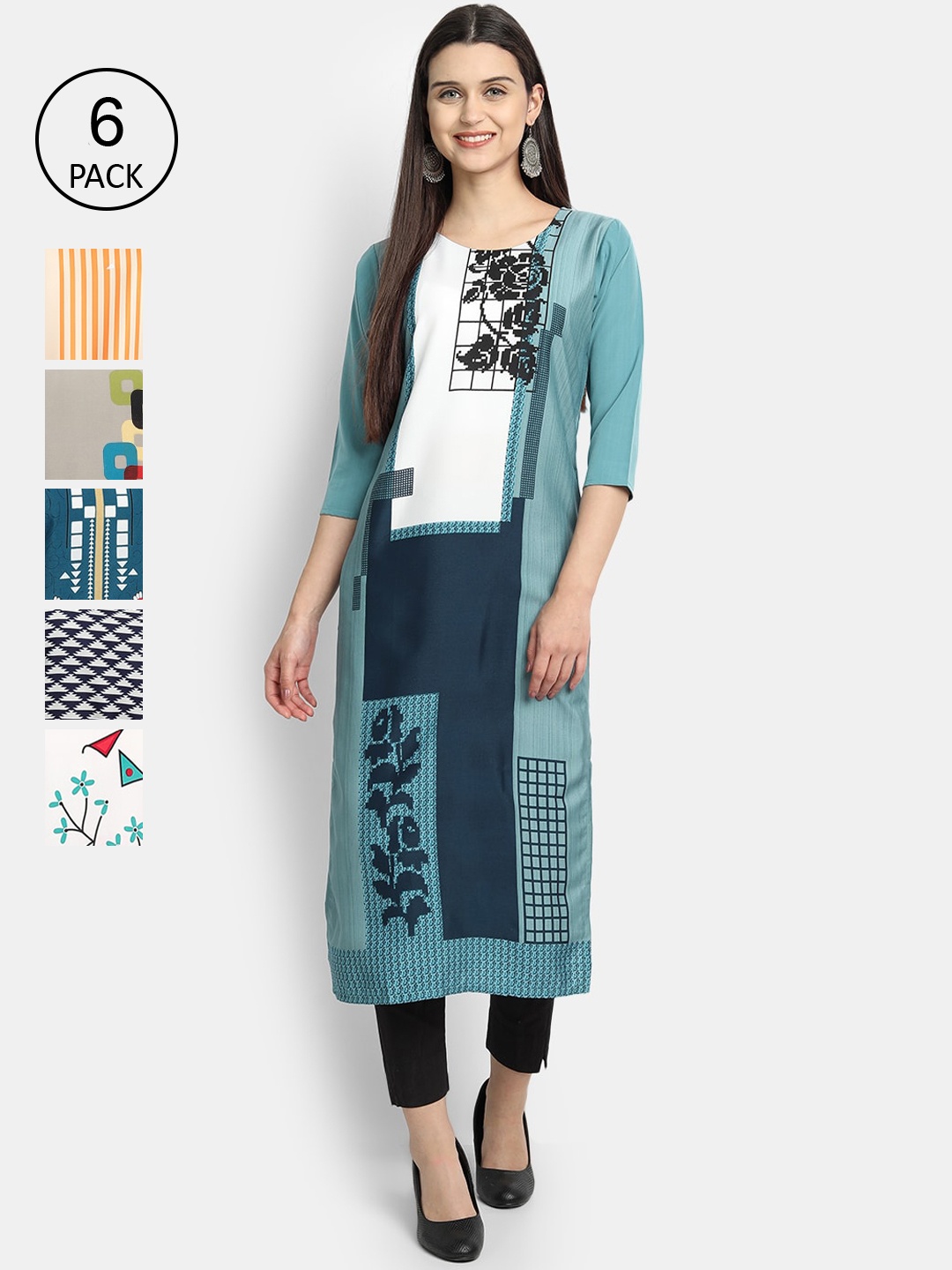 7Threads Women Pack Of 6 Floral Printed Crepe Kurta, Multi