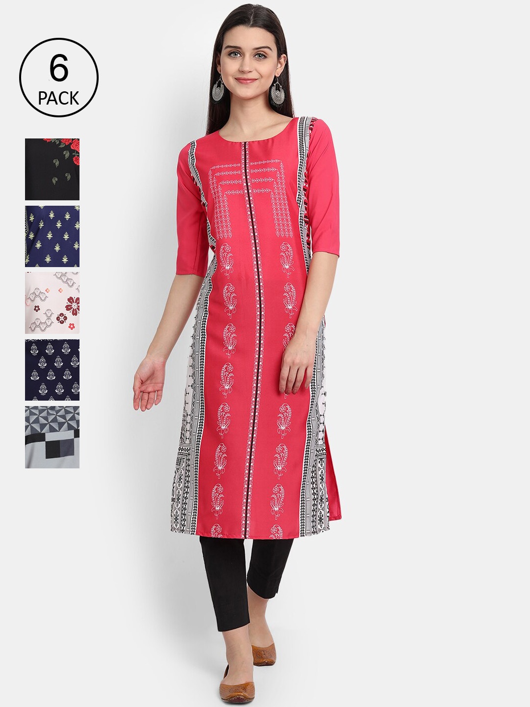 

7Threads Women Pack of 6 Ethnic Motifs Printed Crepe Kurta, Multi